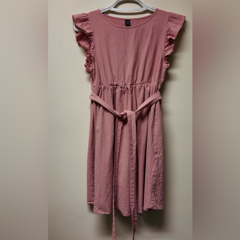 SHEIN Dusty Rose Ruffle-Sleeve Belted Mini Dress Women’s Medium